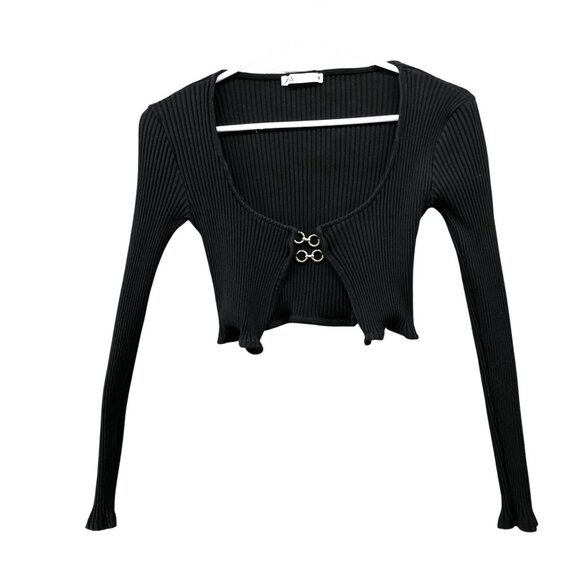 Zara Cropped Cardigan Womens S Black Metal Closure Ribbed Long Sleeve Fitted - Picture 1 of 8